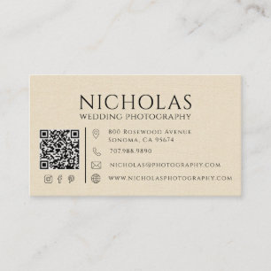 Moderner Faux-Linen-Hochzeitsfotograf QR-Code Visitenkarte