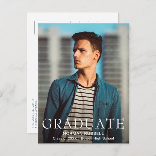 Moderner, feiner Navy Blue Boy Foto Abschluss Ankündigungspostkarte (Vorne/Hinten)