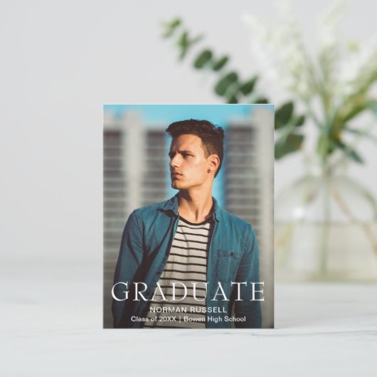 Moderner, feiner Navy Blue Boy Foto Abschluss Ankündigungspostkarte (Stehend Vorderseite)