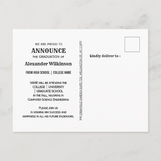 Moderner, feiner Script-Minimal-Foto-Abschluss Ankündigungspostkarte (Rückseite)