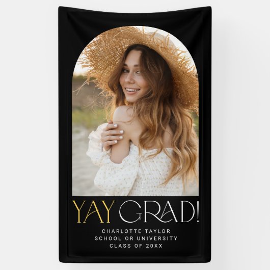 Moderner Fete Black Gold Yay Grad Foto Abschluss Banner (Vertikal)