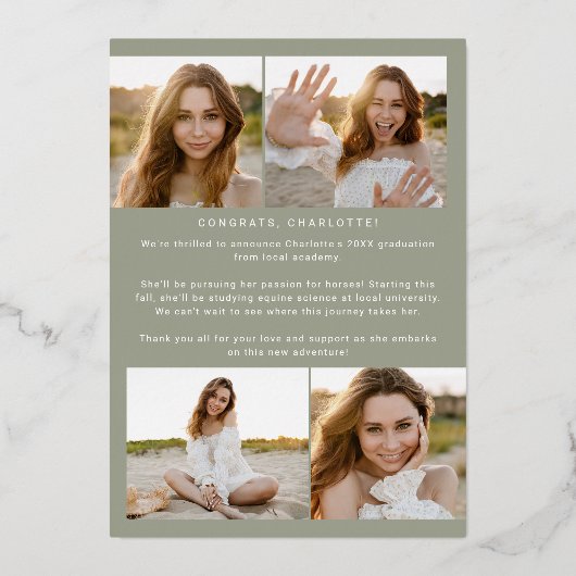 Moderner Fete Foil | Green Yay Grad Foto Abschluss Folieneinladung (Rückseite)