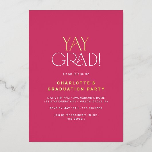 Moderner Fete Foil | Pink Yay Grad Foto Abschluss Folieneinladung (Vorderseite)