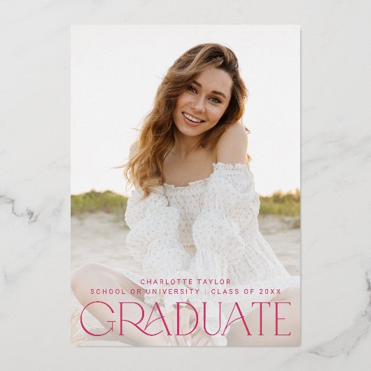 Moderner Fete Foil | Pink Yay Grad Foto Abschluss Folieneinladung (Rückseite)