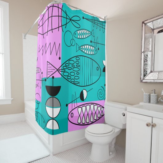 Moderner Fisch Mittelalter Art Pink Blau Duschvorhang