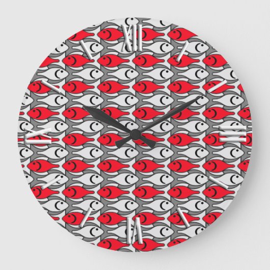 Moderner Fisch, rot und grau / grau Große Wanduhr (Vorderseite)