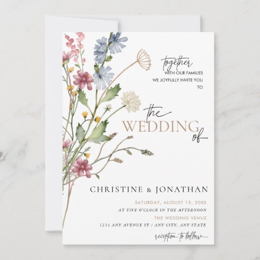 Moderner floraler Boho | Hochzeit von Wildblumen Einladung (Vorderseite)