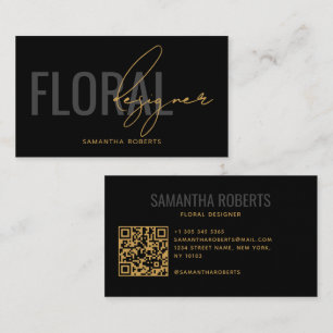 Moderner floraler Designer QR-Code Schwarz Gold Visitenkarte