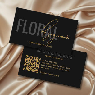 Moderner floraler Designer QR-Code Schwarz Gold Visitenkarte