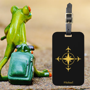 Moderner Flugkompass und Flugzeug, schwarz, kunden Gepäckanhänger