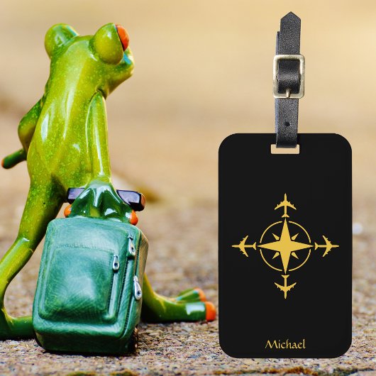 Moderner Flugkompass und Flugzeug, schwarz, kunden Gepäckanhänger