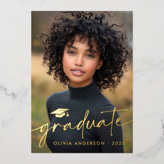 Moderner Foto-Abschluss mit minimalem Skripthöchst Folieneinladung (Vorderseite)