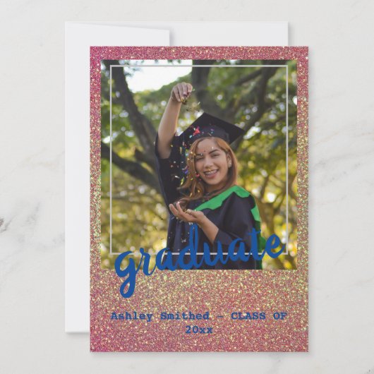 Moderner Foto Abschluss Rosa Glitzer Einladung (Vorderseite)