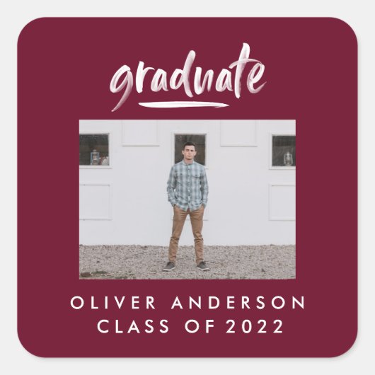 Moderner Foto burgundy Abschluss Quadratischer Aufkleber (Vorderseite)