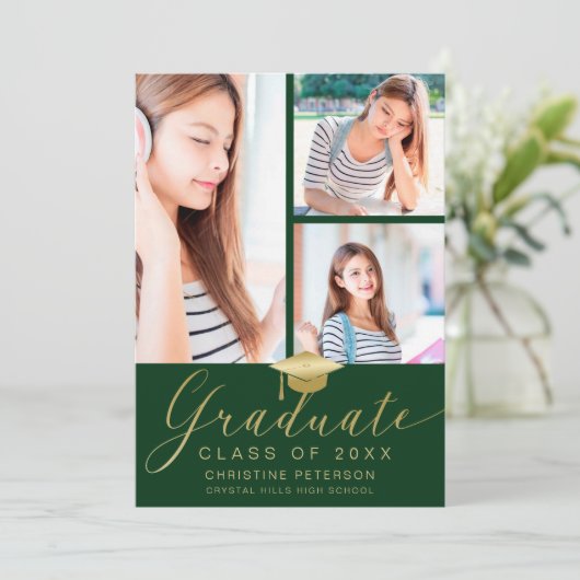 Moderner Foto Collage Gold Script Green Abschluss Ankündigung (Stehend Vorderseite)