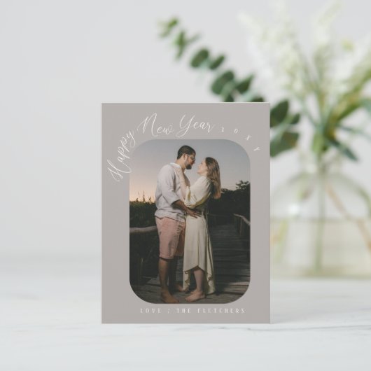 Moderner Foto-Happy New Year Postkarte (Stehend Vorderseite)