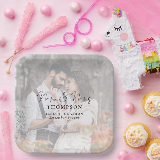 Moderner Foto Hintergrund Frau Names Datum Hochzei Pappteller (Party)