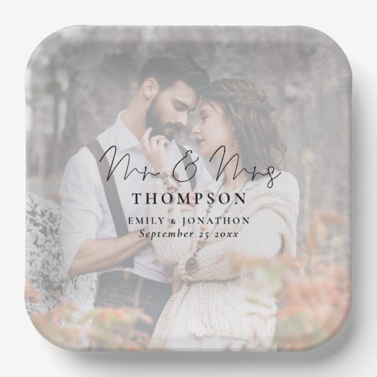 Moderner Foto Hintergrund Frau Names Datum Hochzei Pappteller (Vorderseite)