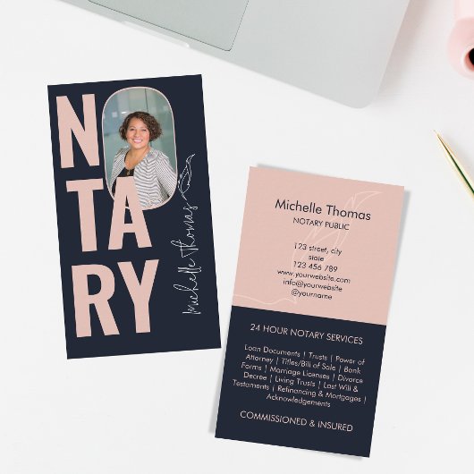 Moderner Foto Navy Pink Notary Loan Signing Agent Visitenkarte