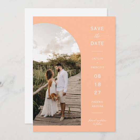 Moderner Foto QR-Code für Peach Arch Save the Date Einladung (Vorne/Hinten)