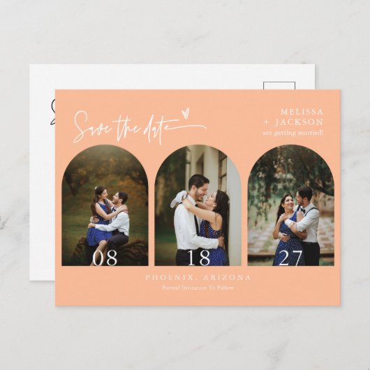 Moderner Foto QR-Code für Peach Arch Save the Date Postkarte (Vorne/Hinten)