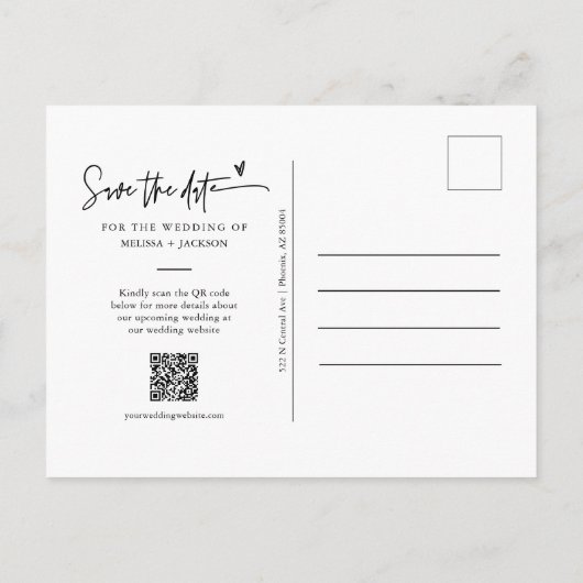 Moderner Foto QR-Code für Peach Arch Save the Date Postkarte (Rückseite)