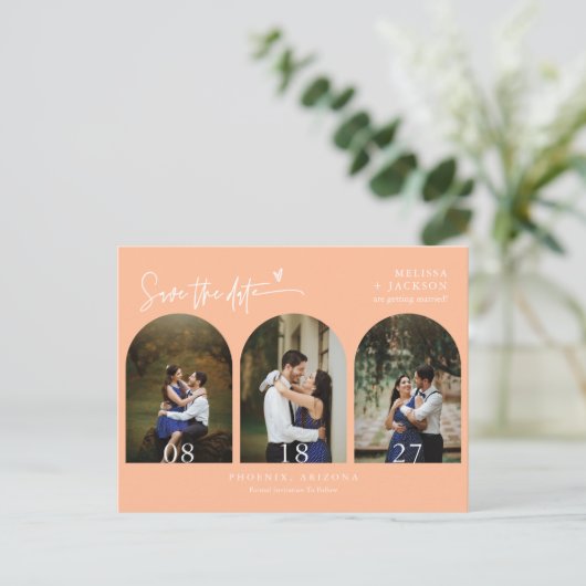 Moderner Foto QR-Code für Peach Arch Save the Date Postkarte (Stehend Vorderseite)