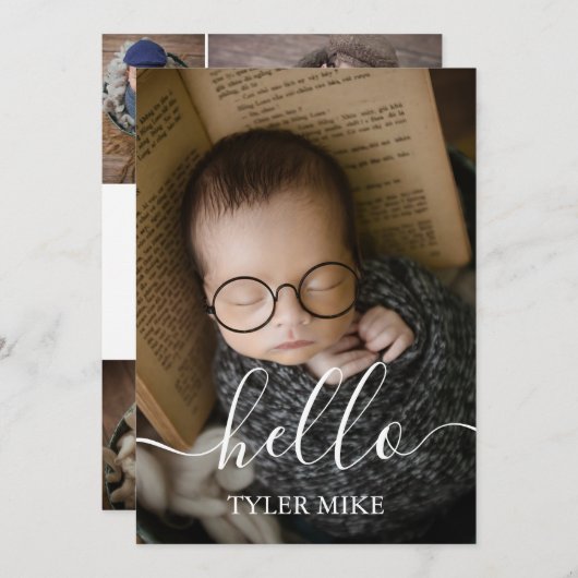 Moderner Fotocollage Custom Neugeborener Baby Boy Ankündigung (Vorne/Hinten)
