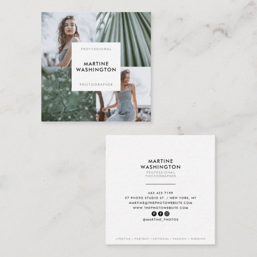 Moderner Fotograf mit elegantem, weißem Minimal-Fo Quadratische Visitenkarte (Vorne/Hinten)