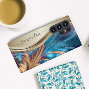 Moderner Fractal Blau Gold Handschrift Name Unters Samsung Galaxy Hülle