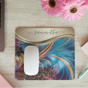 Moderner Fraktal Blau Gold Handgeschriebener Name Mousepad