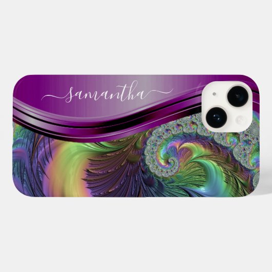 Moderner Fraktal Lila Handgeschriebener Name Case-Mate iPhone Hülle (Rückseite (Horizontal))