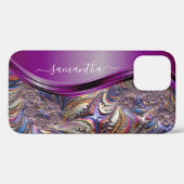 Moderner Fraktal Lila Handgeschriebener Name Case-Mate iPhone Hülle (Rückseite (Horizontal))