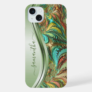 Moderner Fraktaler Grüner Handschriftlicher Name iPhone 15 Plus Hülle