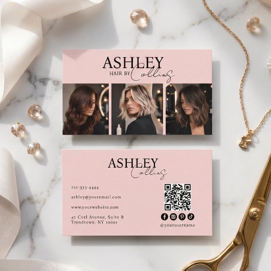 Moderner Friseur-Blush-Pink-Photo-QR-Code Visitenkarte