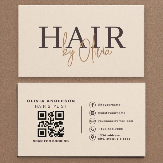 Moderner Friseur mit beigem Papier-QR-Code Visitenkarte