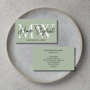 Moderner Friseur-Monogramm Salbei-Grün Visitenkarte
