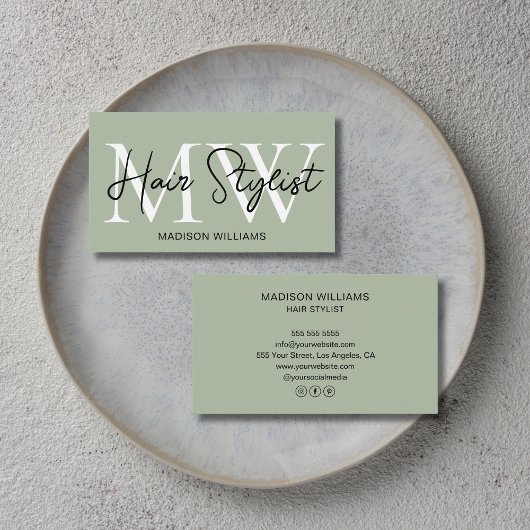 Moderner Friseur-Monogramm Salbei-Grün Visitenkarte