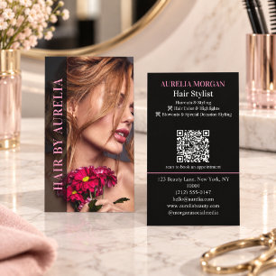 Moderner Friseur-QR-Code-Foto Schwarz Pink Visitenkarte