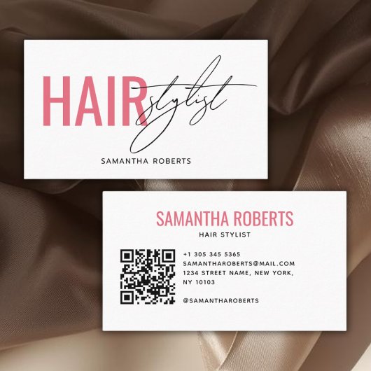 Moderner Friseur QR-Code weiß rosa Visitenkarte