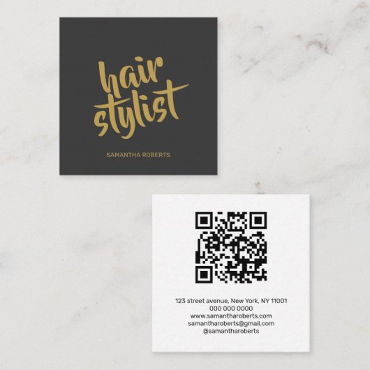 Moderner Friseur-Script grau-goldener QR-Code Quadratische Visitenkarte (Vorne/Hinten)
