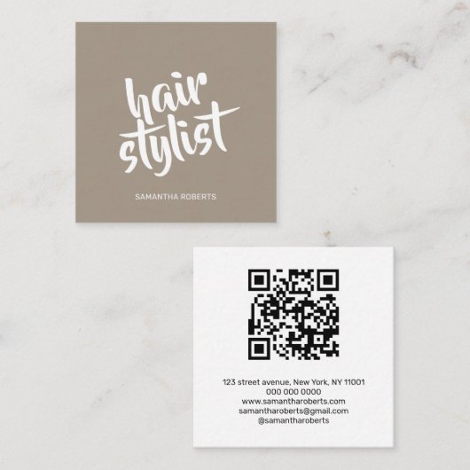 Moderner Friseur-Script hellbrauner QR-Code Quadratische Visitenkarte (Vorne/Hinten)