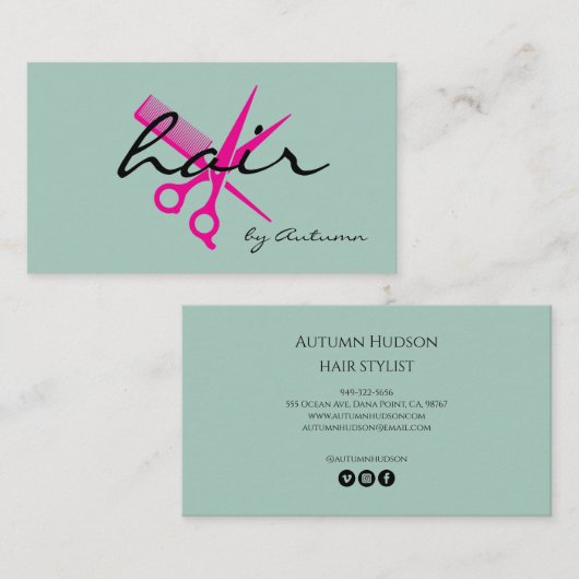 Moderner Friseur-Script Mint Pink Visitenkarte (Vorne/Hinten)
