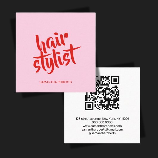 Moderner Friseur-Script pink roter QR-Code Quadratische Visitenkarte
