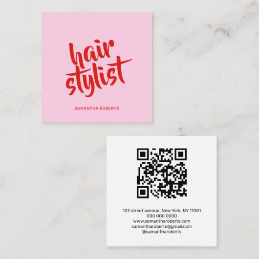 Moderner Friseur-Script pink roter QR-Code  Quadratische Visitenkarte (Vorne/Hinten)