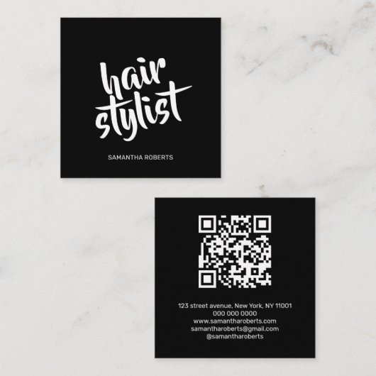 Moderner Friseur-Script Schwarz QR-Code Quadratische Visitenkarte (Vorne/Hinten)