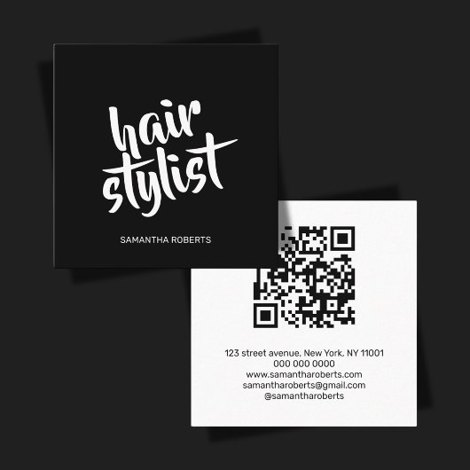 Moderner Friseur-Script Schwarz-Weiß-QR-Code Quadratische Visitenkarte