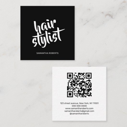 Moderner Friseur-Script Schwarz-Weiß-QR-Code  Quadratische Visitenkarte (Vorne/Hinten)