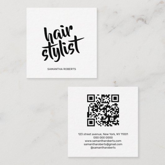 Moderner Friseur-Script weiß schwarzer QR-Code  Quadratische Visitenkarte (Vorne/Hinten)