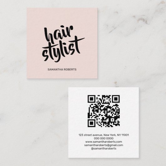 Moderner Friseur-Skript Blush-Pink QR-Code Quadratische Visitenkarte (Vorne/Hinten)